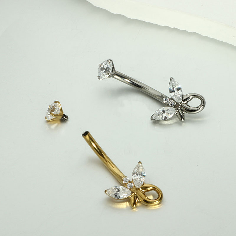 Phoenix Tail Butterfly CZ Marquise Navel Ring - 14G Inner Thread Titanium Belly Button Jewelry - Image 3