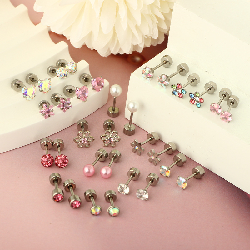 Stainless Steel Screw Earrings Women's Small Flower Round Conch Earrings Set of 32 - Fashion Geometric Ear Piercing Jewelry - Image 2