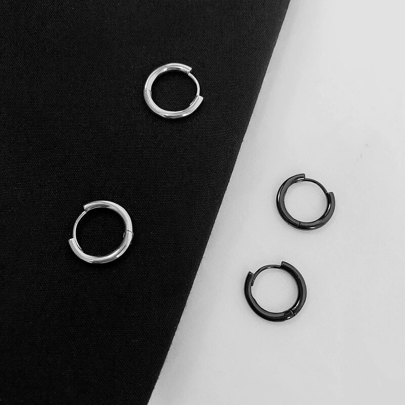Korean Style Bold Geometric Hoop Earrings Black Stainless Steel Hip Hop Fashion Piercing Jewelry for Men Women - Image 2