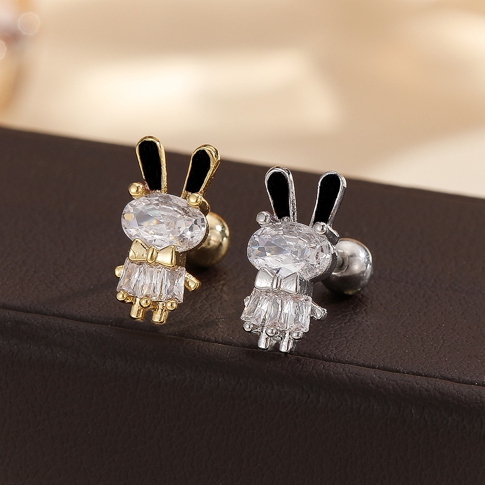 New Stainless Steel Micro-Inlaid Cartoon Cute Rabbit Ear Bone Nail Decoration Fashion Earring - Image 4