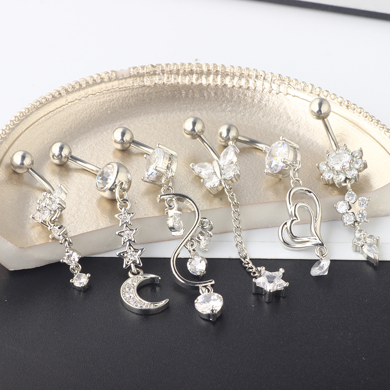 Rose Gold Zircon Belly Button Ring Set - 6 Piece Body Piercing Jewelry Suit - Image 3