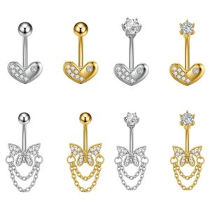 Love Butterfly Gold Heart Navel Ring Stainless Steel Zircon Belly Button Piercing Jewelry
