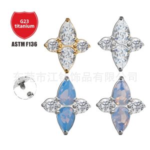 G23 Titanium Alloy Water Drop Rhombus Body Piercing Earrings - Gold with White Zircon