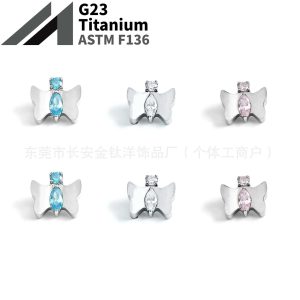 F136 Titanium Butterfly Zircon Earrings Nose Stud Ear Bone Stud G23 Titanium Alloy Body Piercing Jewelry