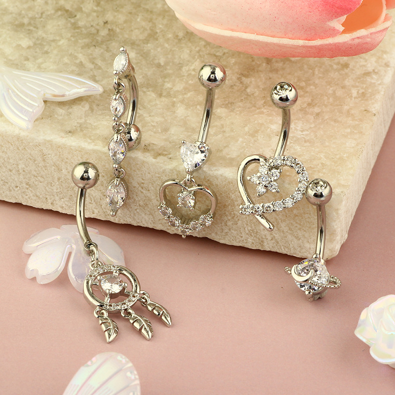 Zircon Peach Heart Belly Button Ring - Love Shaped Navel Jewelry - 316L Surgical Steel - 5 Sets - Hip Hop Style - Image 2