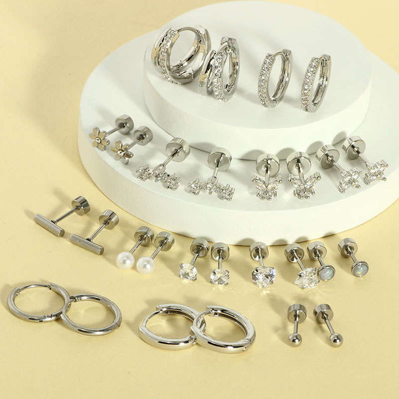 Amazon Hot 14-Pair Combination Stainless Steel Earrings Set Butterfly Ear Bone Nails Fashion Jewelry - Image 2