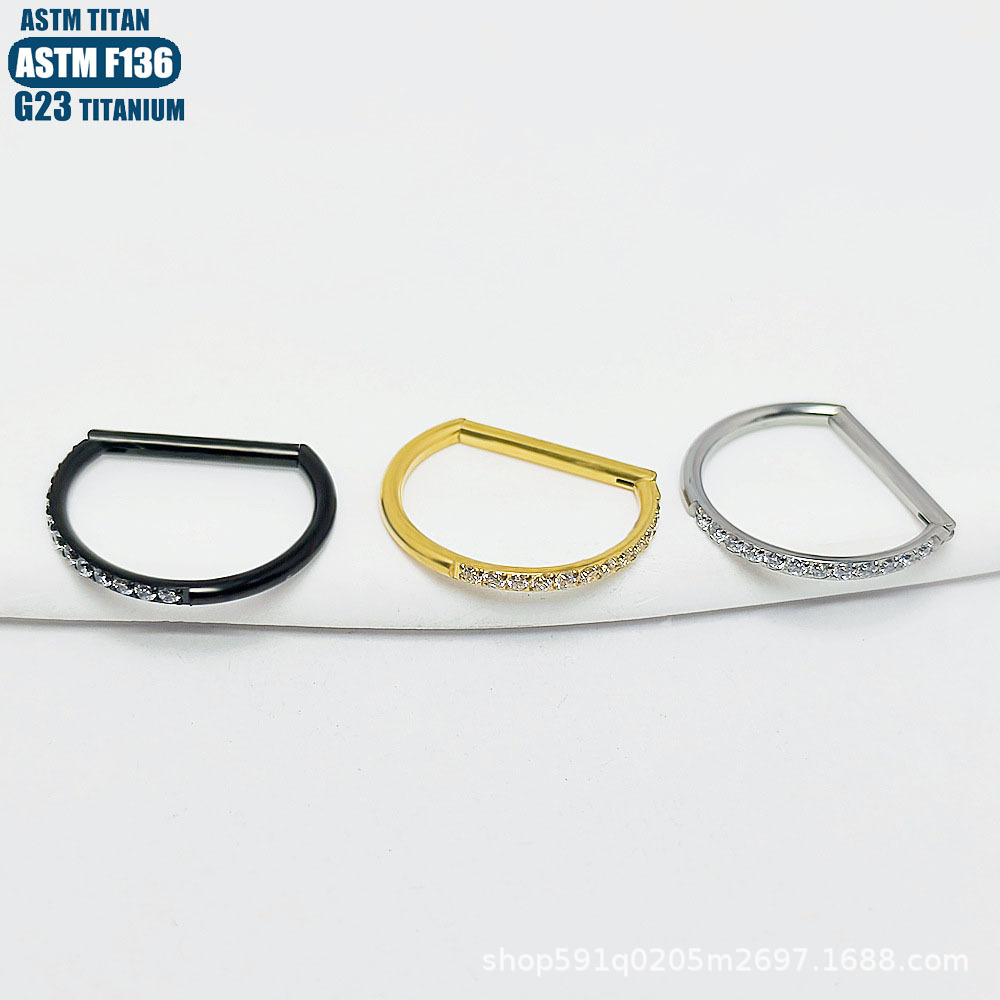 F136 Titanium Alloy Diamond-Encrusted D-Shaped Nose Ring Implant-Grade Closed Ring Seamless Ring Diaphragm Cartilage Earrings - Image 4