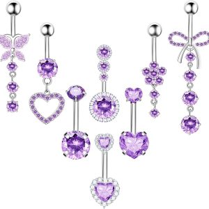 Stainless Steel Zircon Inlaid Heart Navel Ring 4 Colors 8 Piece Set Belly Button Piercing Jewelry