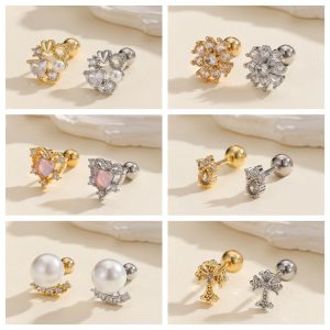 18K Gold Plated Copper Micro-Inlaid Ear Bone Studs Oil Drop Cross Devil Gun Black High-End Earring