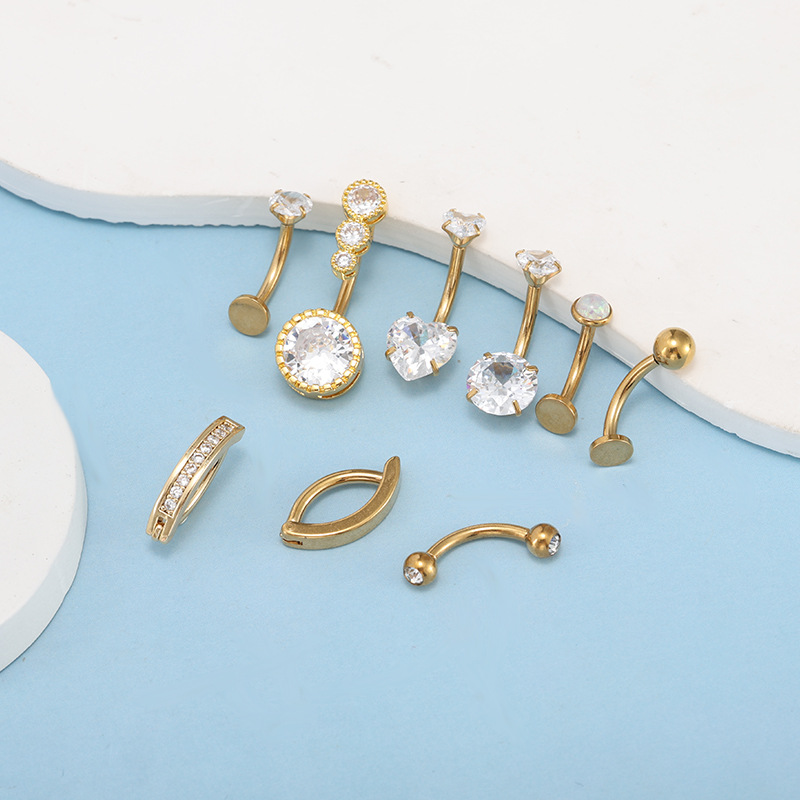 Stainless Steel Belly Button Ring 9-Piece Set with Round Zircon and Opal 14g Belly Piercing Jewelry - Image 3
