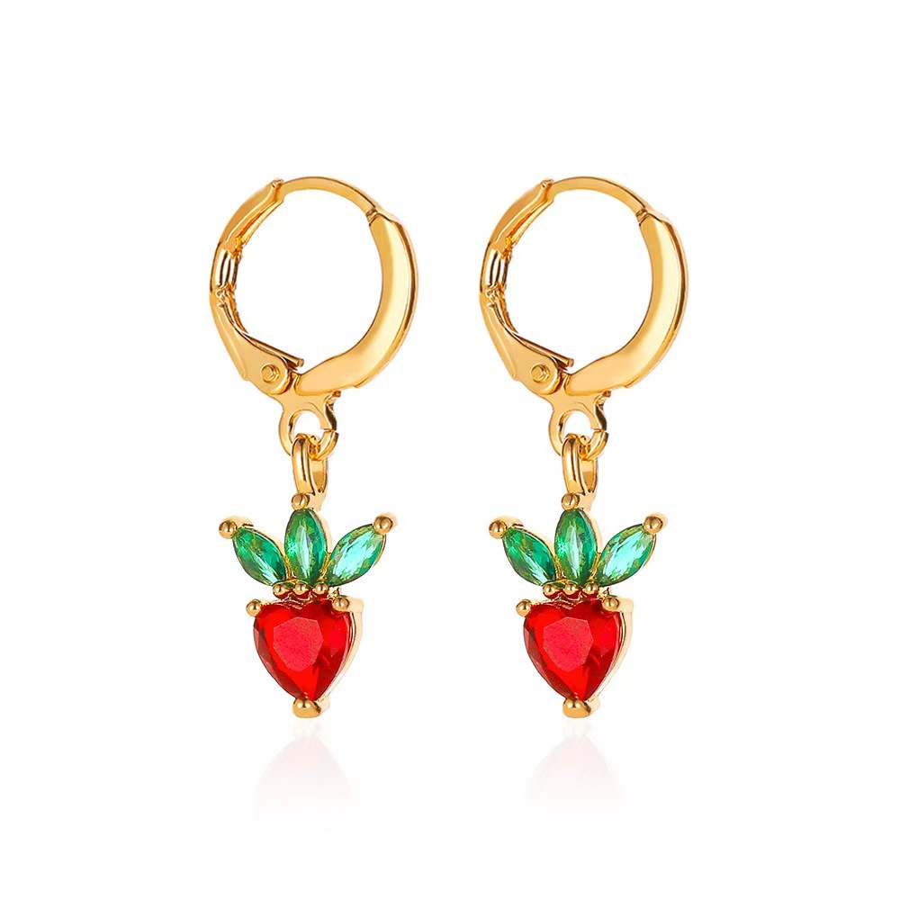 Fruit Earring Necklace Set Colorful CZ Zircon Earrings Grape Cherry Piercing Jewelry Gold - Image 3