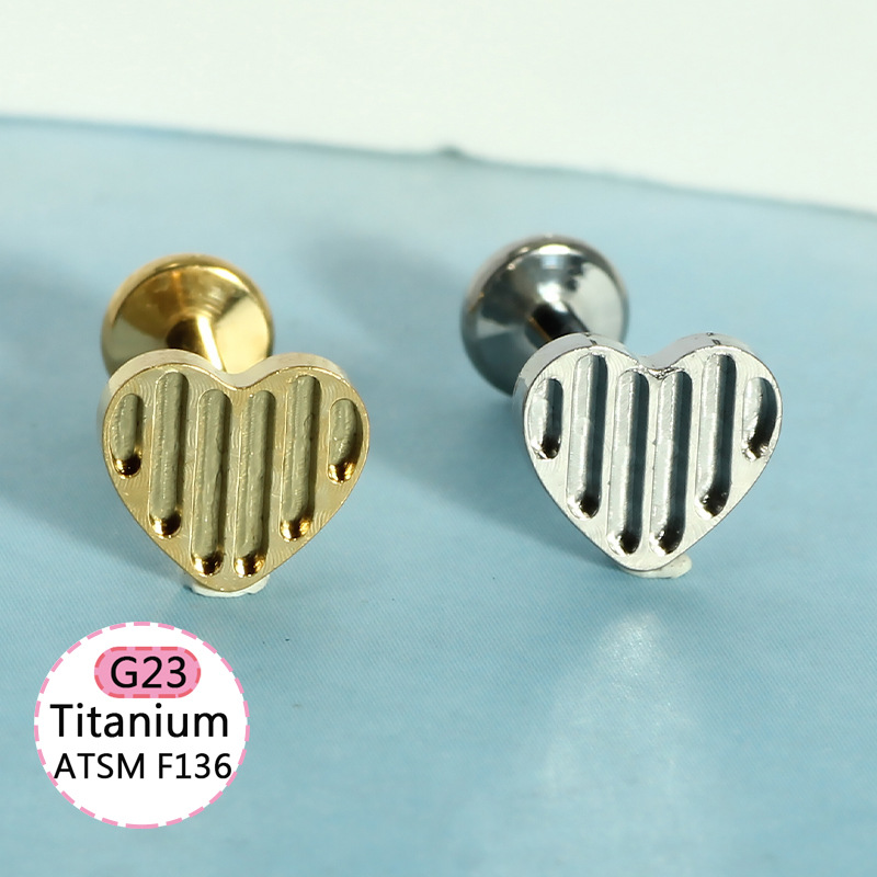 F136 Titanium Heart-Shaped Internally Threaded Lip Stud with CZ - Silver 1.2x10mm Body Piercing Lip Labret Jewelry - Image 2