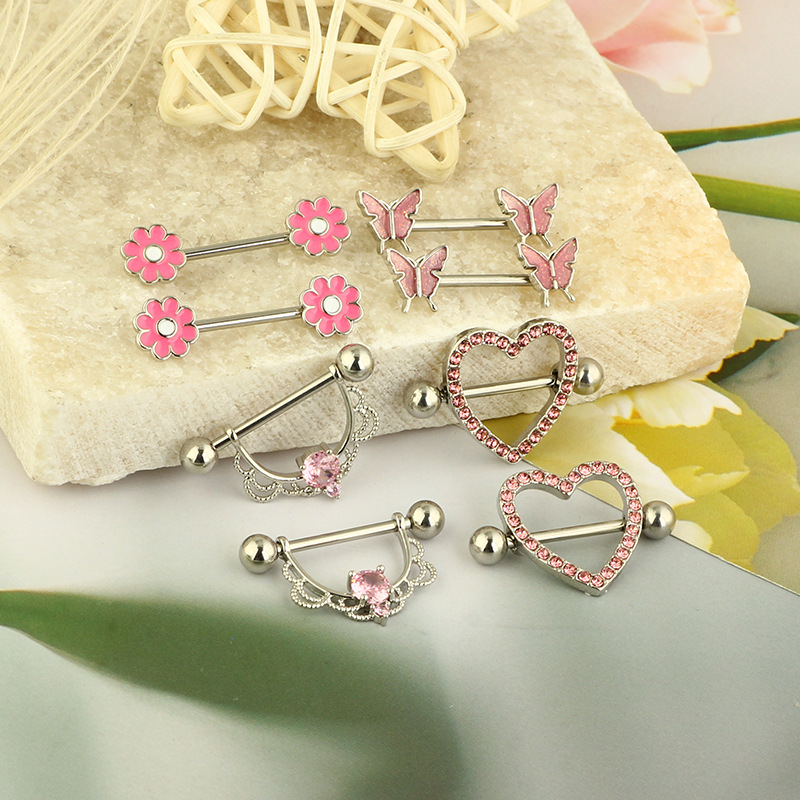 Pink Heart Chest Ring Stainless Steel Straight Barbell Nipple Ring Wholesale - Image 3