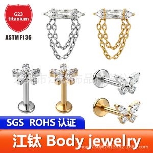G23 Titanium Alloy Ear Cartilage Stud with Zircon Chain - ASTM F136 Earring for Helix Tragus Conch