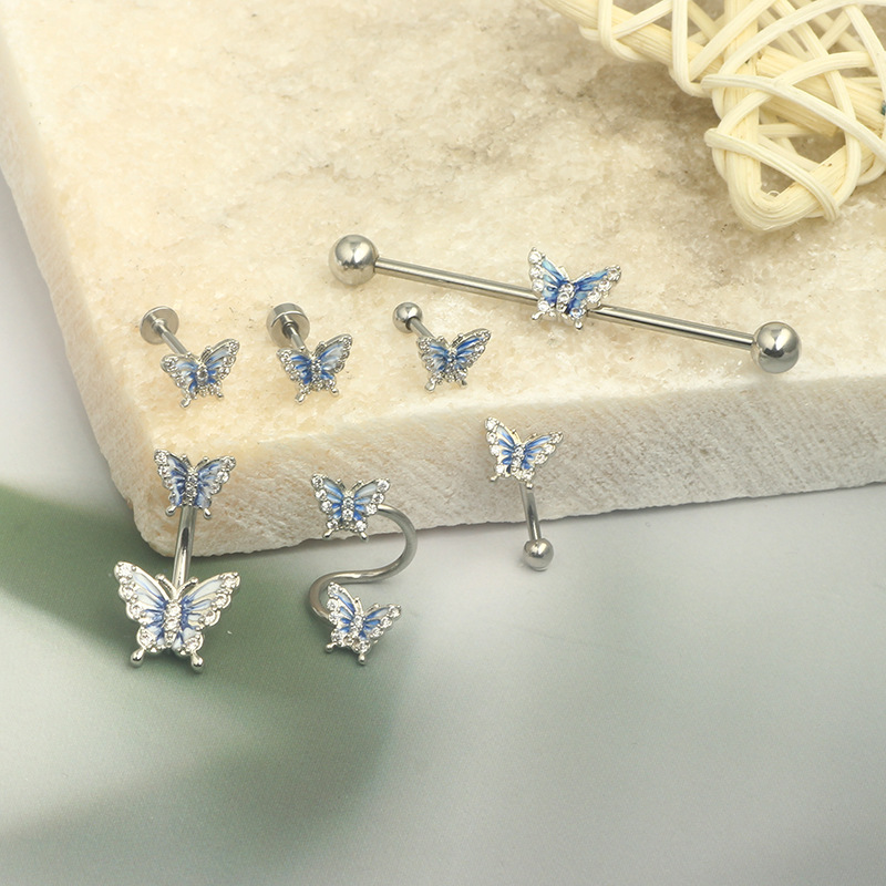 Oil Dripping Butterfly Star Navel Ring Set - 7Pcs Body Piercing Jewelry Stainless Steel - Image 2