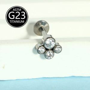G23 Titanium Alloy F136 Internal Thread Lip Stud Micro Paved Zircon Welded Four Small Ball Titanium Earring