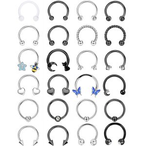 24 Pieces Stainless Steel Love Star Nose Ring Horseshoe Septum Earring Set Body Piercing Jewelry