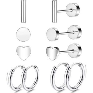 New Love Mini Ear Bone Stud Set - 10-Piece Black Stainless Steel Geometric Flower Earring Set for Women European American Cross-Border Body Piercing Jewelry