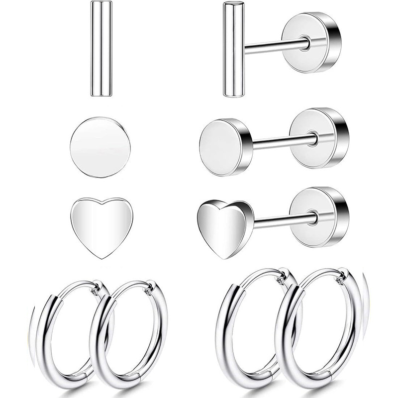 New Love Mini Ear Bone Stud Set - 10-Piece Black Stainless Steel Geometric Flower Earring Set for Women European American Cross-Border Body Piercing Jewelry - Image 3