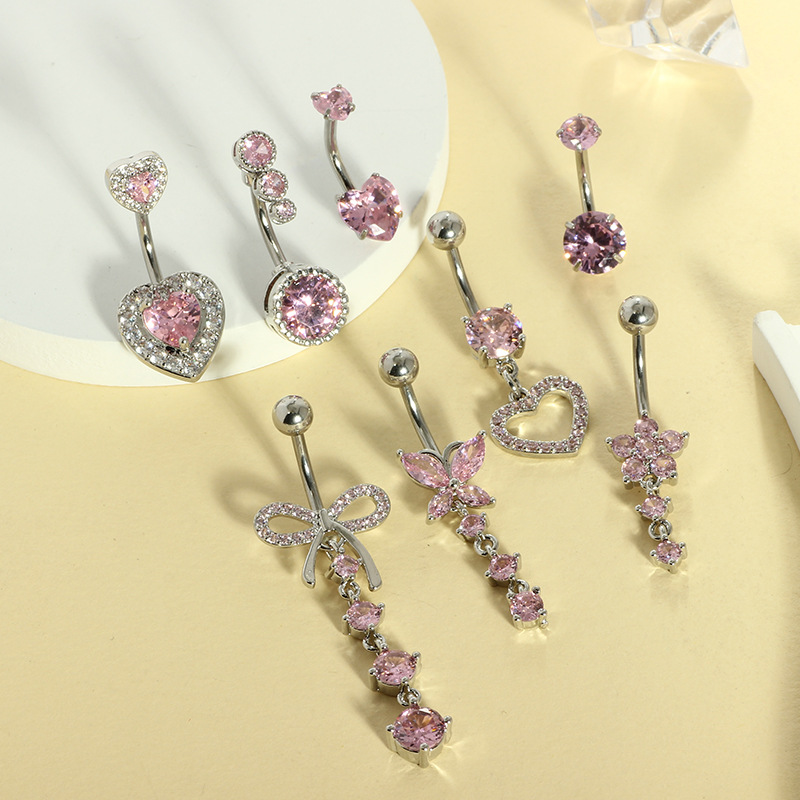 Stainless Steel Zircon Inlaid Heart Navel Ring 4 Colors 8 Piece Set Belly Button Piercing Jewelry - Image 3