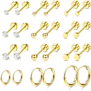 12 Pairs Stainless Steel Star Stud Earrings with Clear CZ 6-Prong Setting for Women Trendy Body Piercing Jewelry