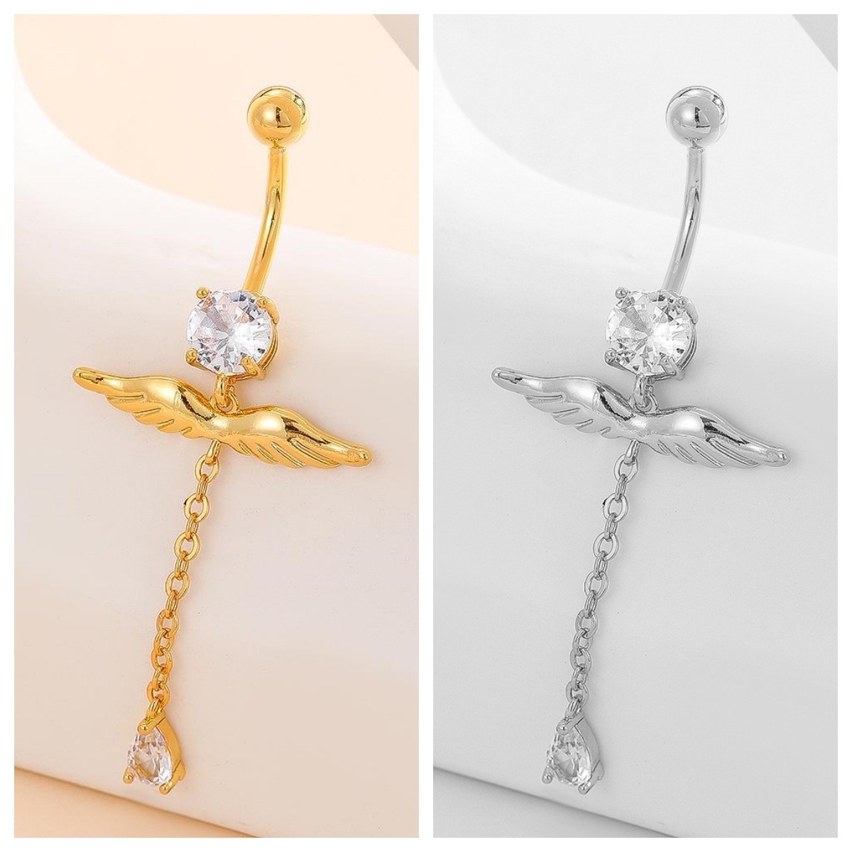 Gold Copper Inlaid Zircon Angel Wing Stainless Steel Pendant Belly Button Ring - Image 2
