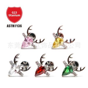 G23 Titanium Christmas Antler Stud Earrings Inlaid 5A Zircon Lip Nail Body Piercing Jewelry