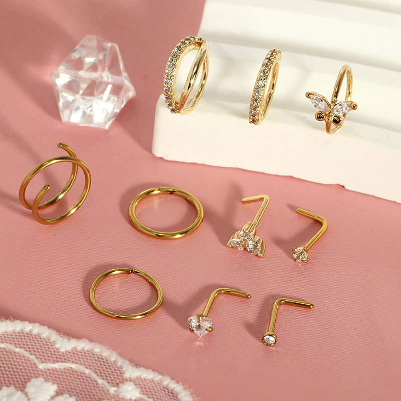 10-Piece Set Stainless Steel Nose Rings with CZ Gems Butterfly Nose Studs Nose Piercing Jewelry Gold Tone - Image 4