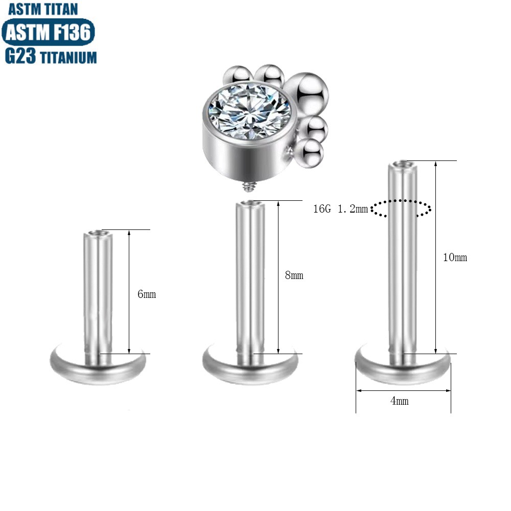 F136 Titanium Perforated Lip Ring Zircon Bead Cluster Thread Inner Teeth Small Ear Stud Lip Stud Earrings - Image 3