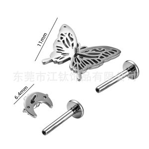 Butterfly Rose Moon 3D G23 Titanium Ear Stud Cartilage Piercing Jewelry 1.2x10mm Gold