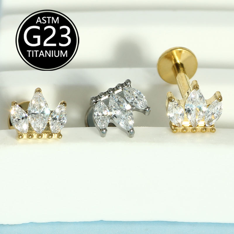 G23 Titanium Marquise CZ Crown Lip Labret Stud Internally Threaded Piercing Jewelry - Image 2