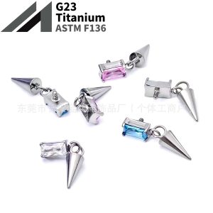 F136 Titanium Cubic Zirconia Pointed Cone Devil Stud Earrings - G23 Titanium Alloy Piercing Jewelry Ear Bone Studs