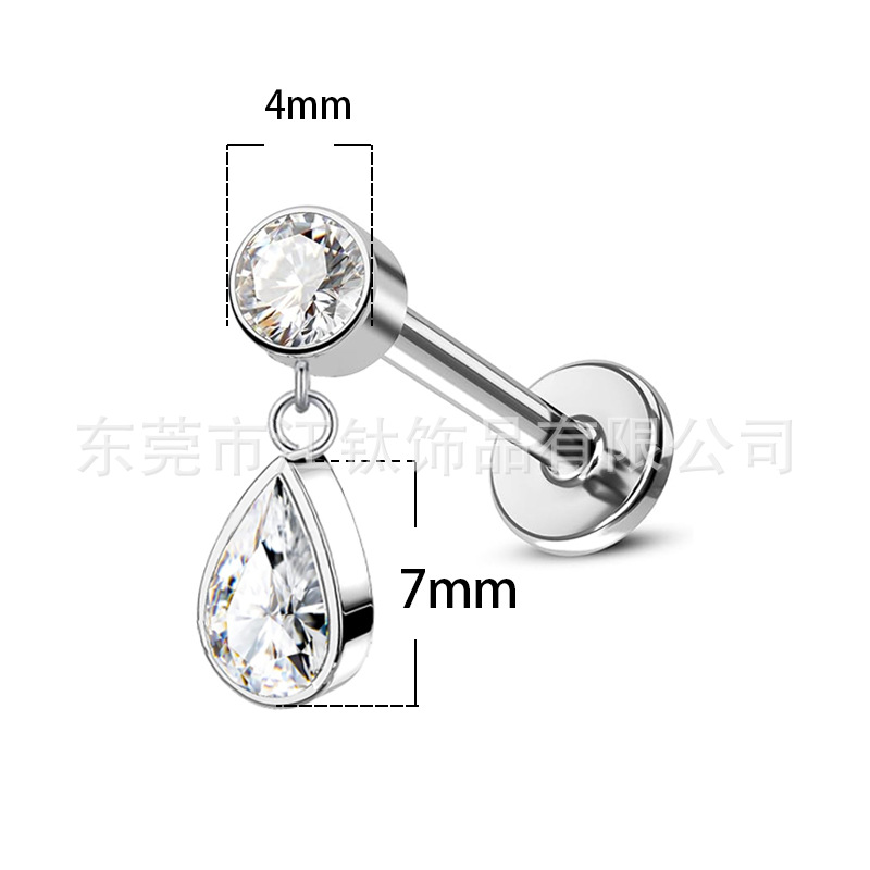 F136 Titanium Stud Earrings Water Drop Cylindrical Bag 5A Diamond Teardrop G23 Titanium Alloy Body Piercing Jewelry Ear Bone Stud - Image 2