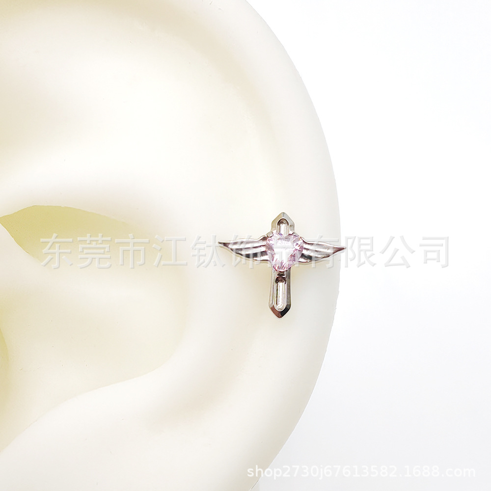 Titanium Ear Nail Heart Shaped Zircon Angel Wings G23 Titanium Alloy Body Piercing Jewelry Earrings - Image 2