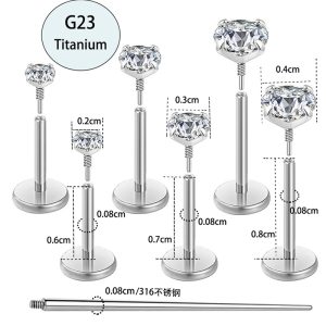 G23 Titanium Lip Piercing Jewelry Internal Thread Labret Stud with Zircon Flat Bottom Wholesale