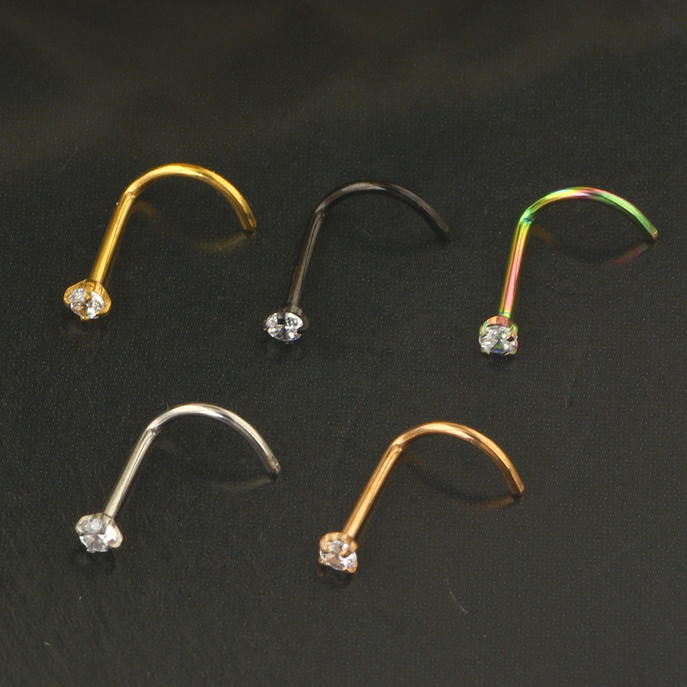 316L Surgical Steel Nose Ring Curved Rod Zircon Nose Stud Earrings - Image 3
