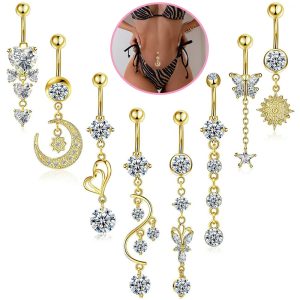Stainless Steel Belly Button Ring Set - 8 Piece Butterfly Star Dangle Umbilical Jewelry Gold
