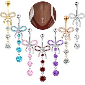 Bow Knot Navel Ring Rose Gold Zircon Belly Button Ring 316L Surgical Steel Body Piercing Jewelry for Women Men