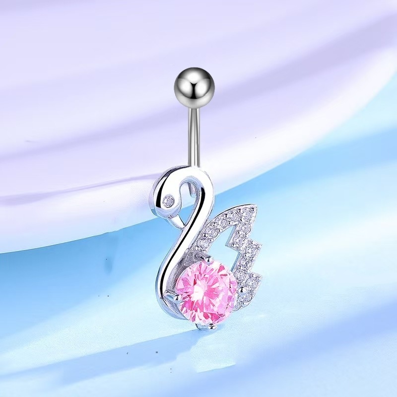 Fashionable Little Swan Belly Button Ring Copper Plated White Gold Tone CZ Dangle Navel Jewelry for Women - Image 4