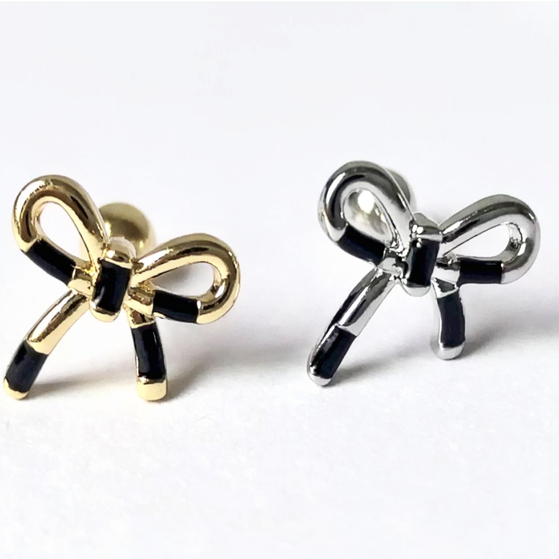 Sweet Cool Personality Titanium Steel Ear Bone Nails Dripping Oil Bow Screw Earrings Unique Niche Design - Image 4