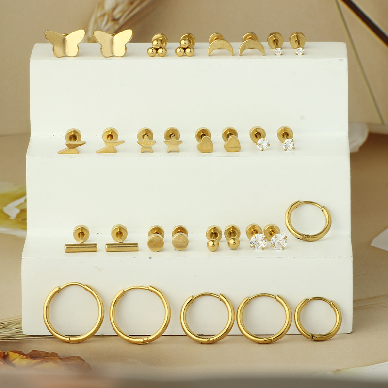 Fashion Gold Stainless Steel Earrings Set Flower CZ Geometric Dangle Earrings for Women Wholesale - Image 3