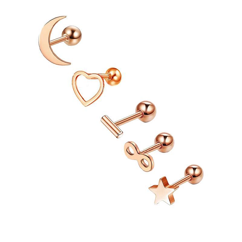 5-Piece Geometric Stainless Steel Zircon Earrings Set - Silver Twisted Studs for Women Men - Image 5