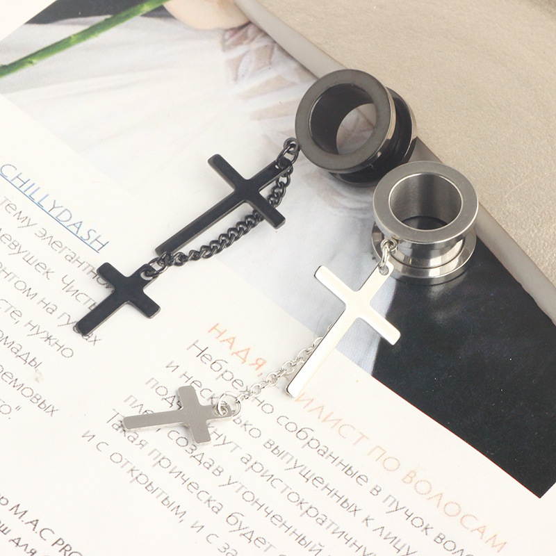 Cross Pendant Ear Auger 316L Surgical Steel Black Ear Piercing Jewelry - Image 4