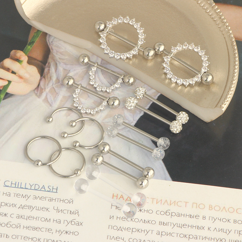 Stainless Steel Zircon Nipple Ring Set with Tongue Nail and Navel Jewelry - Hot Sale - Image 5