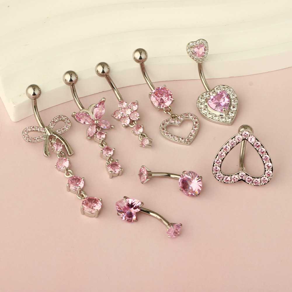 European American Stainless Steel Pink Butterfly Pendant Navel Ring CZ Super Flash Zircon Love Umbilical Piercing Jewelry - Image 3
