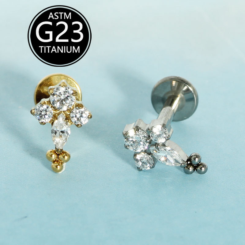 G23 Titanium Zircon Simple Versatile Ear Bone Stud Cross Lip Stud Body Piercing Jewelry - Image 2