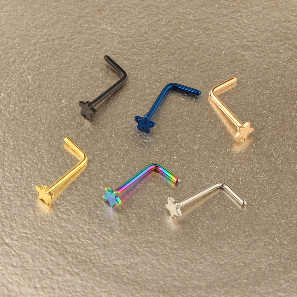 Stainless Steel L-Shaped Nose Nail Five-Pointed Star Curved Rod Nose Ring Piercing Jewelry Nose Stud - Image 2