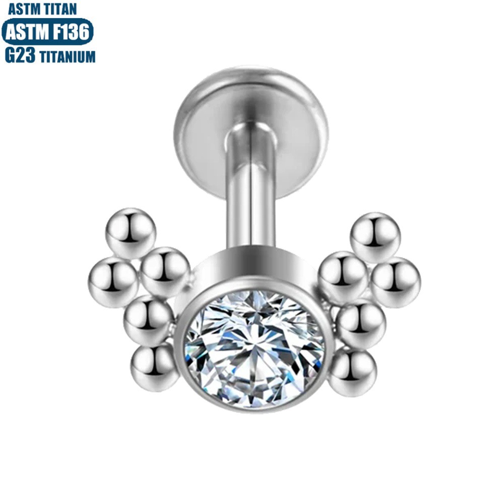 F136 Titanium Perforated Lip Stud with Diamond-Embedded Welding Beads and Spiral Internal Thread - Small Ear Stud and Lip Ring for Welding Diaphragm - Image 2