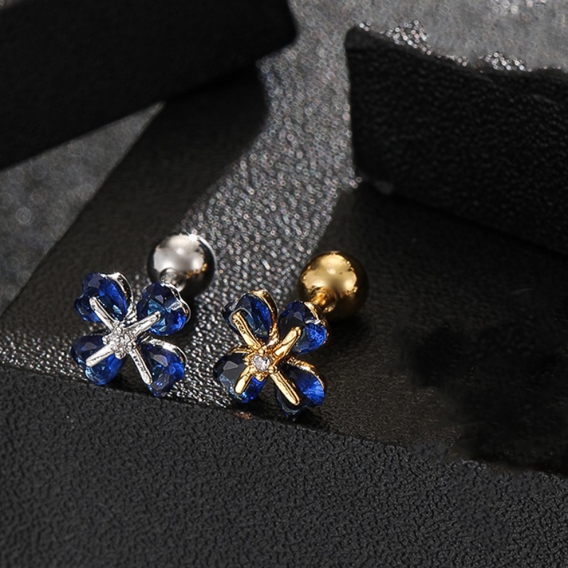 18K Gold Plated Four-Leaf Clover Colorful Ear Piercing Earrings Cartilage Stud Micro-Setting Soft Ear Bone Jewelry - Image 3