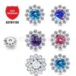 G23 Titanium Sunflower Navel Ring - Blue CZ Belly Button Ring Body Piercing Jewelry